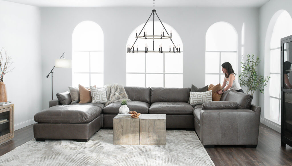 grey couch in light formal living room