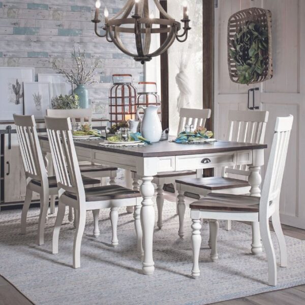 White wood farm style dining table and chairs