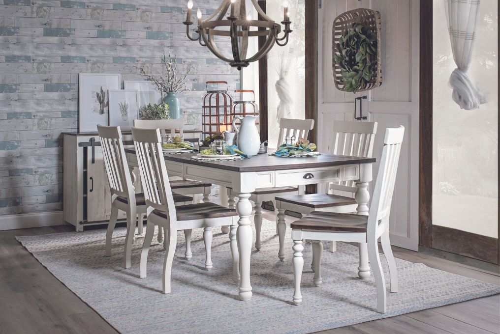 White wood farm style dining table and chairs