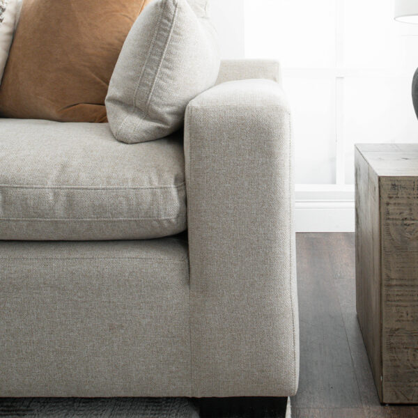 grey sofa and wood side table